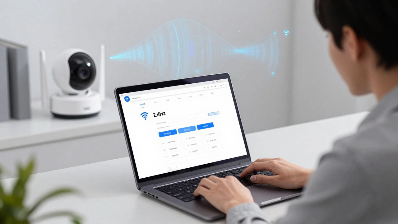 A technician configuring a wireless camera's network settings on a laptop interface.