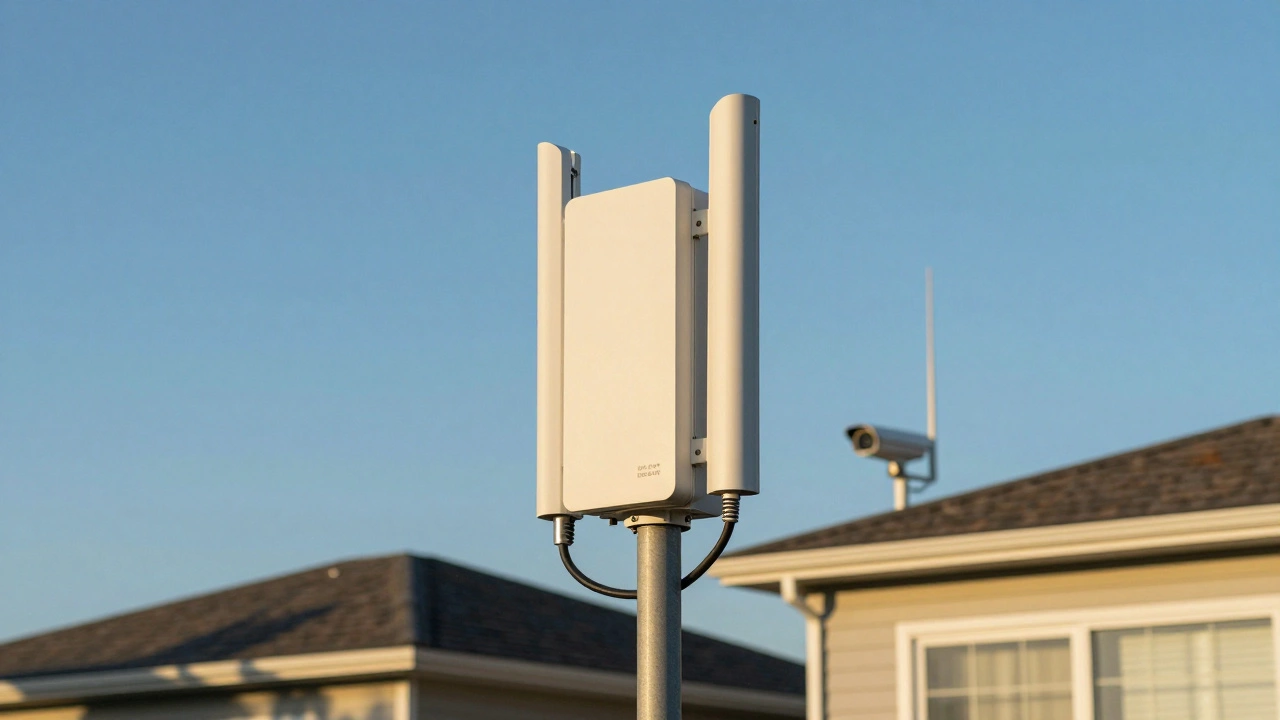 An outdoor wireless CCTV system with point-to-point bridge devices for long-range video transmission.