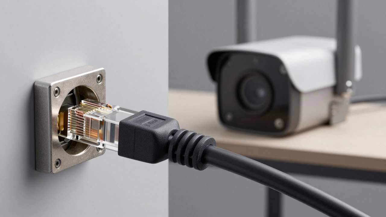 Close-up of a wired ethernet camera connection compared to a wireless unit.