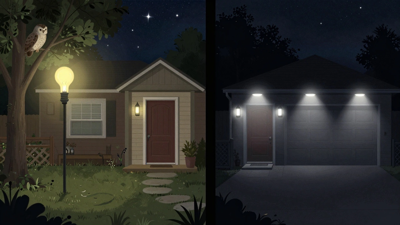 Contrast between an over-lit backyard with light pollution and a smartly lit home with motion sensors only activating at key entry points.