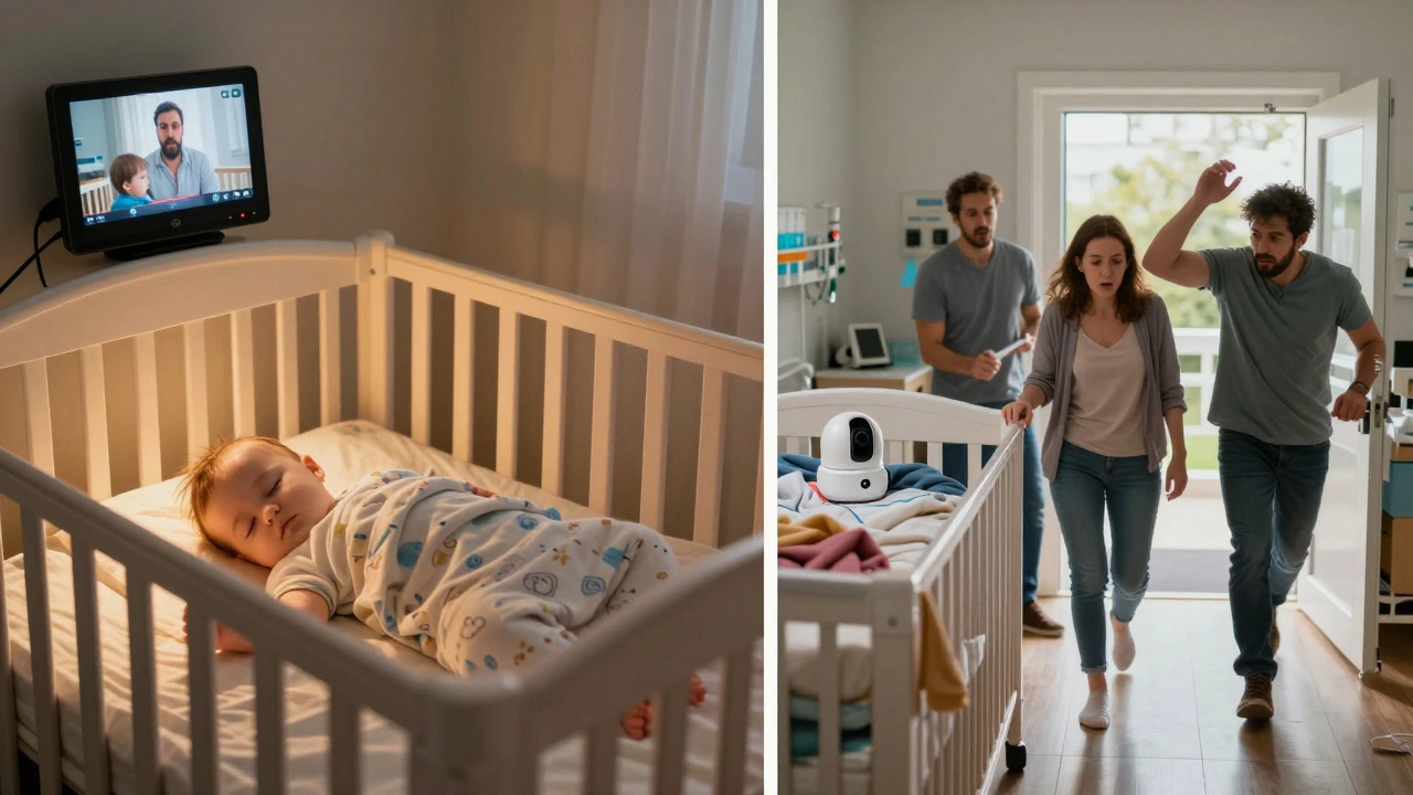 Contrasting safe sleep practices with dangers of malfunctioning high-tech baby monitors.