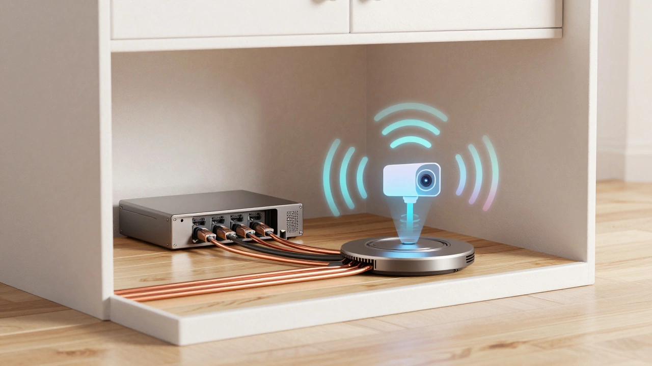 Diagram showing internal house wiring versus wireless signal pathways.