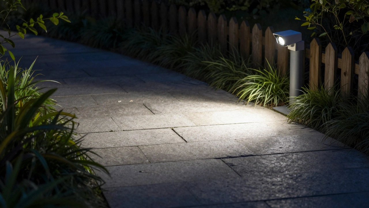 Garden path lit by neutral white security bulb without glare