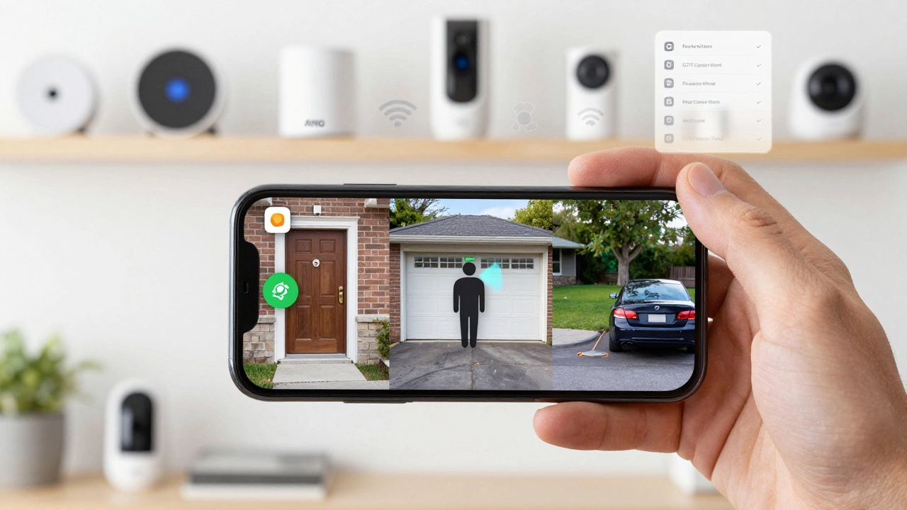 Homeowner viewing multiple camera feeds on a phone, showing package detection, active deterrence lights, and color night vision.