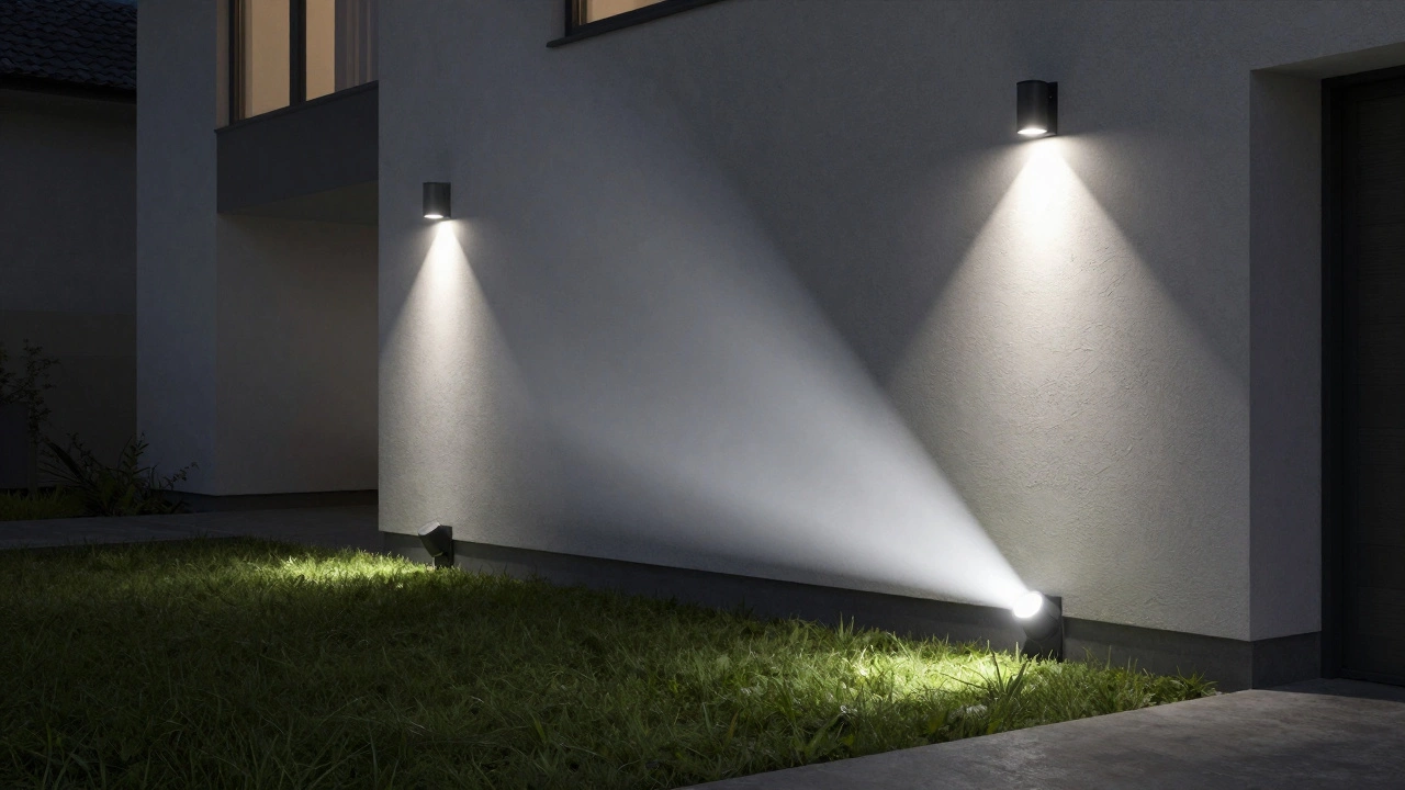 Security light cones projecting from house wall at varying heights