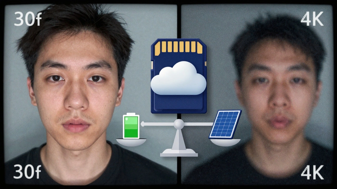 Split-screen comparison of 2K and 4K camera footage with storage and power options symbolized by icons on a scale.