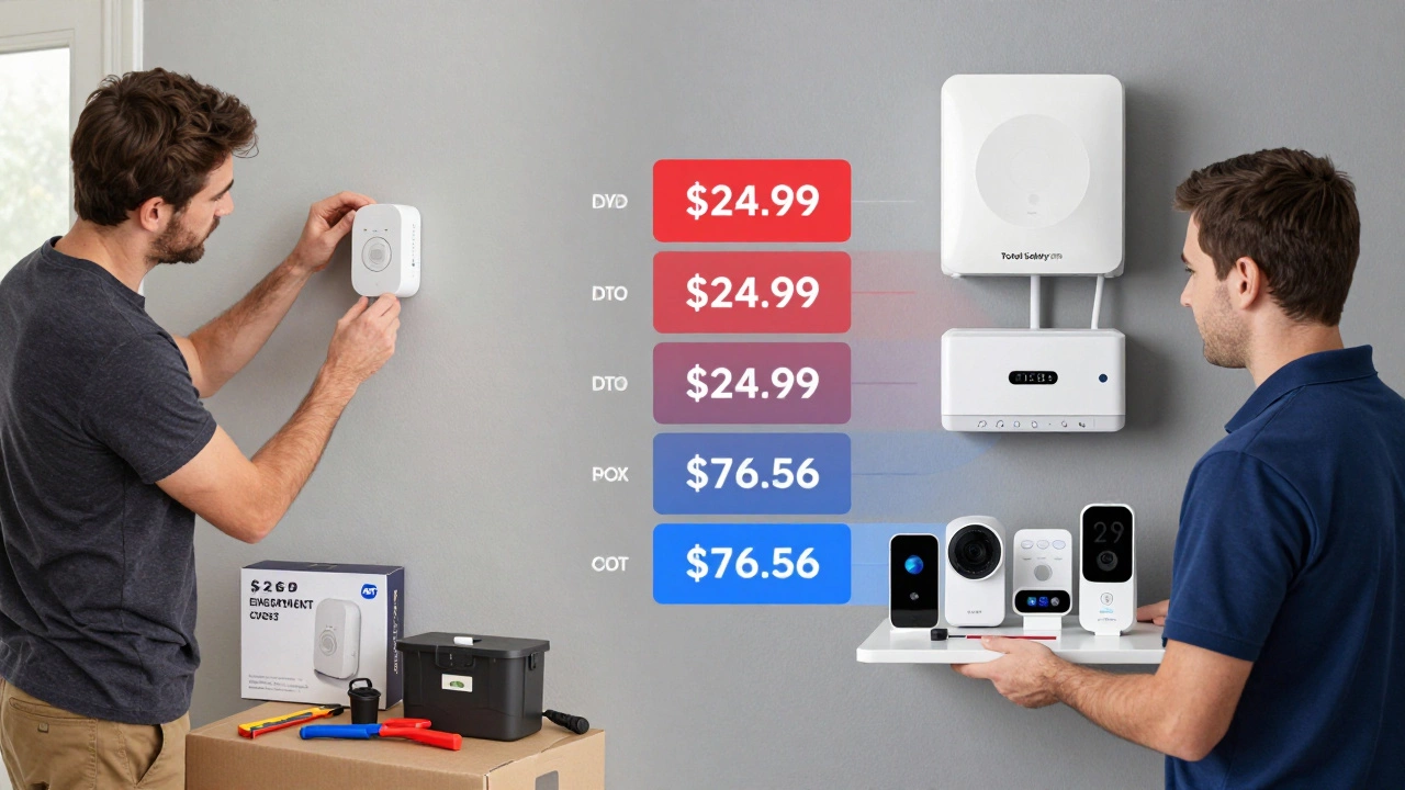 Split-screen: DIY ADT setup on left, professional installation on right, with monthly pricing chart in background.