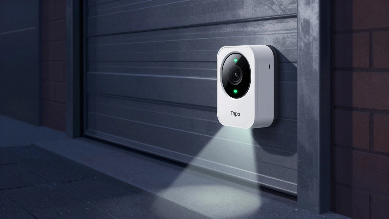 TP-Link Tapo Mag Cam stuck to a metal garage door with infrared night vision active.