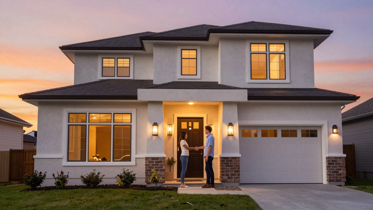 A home seller and buyer shaking hands in front of a modern house at sunset