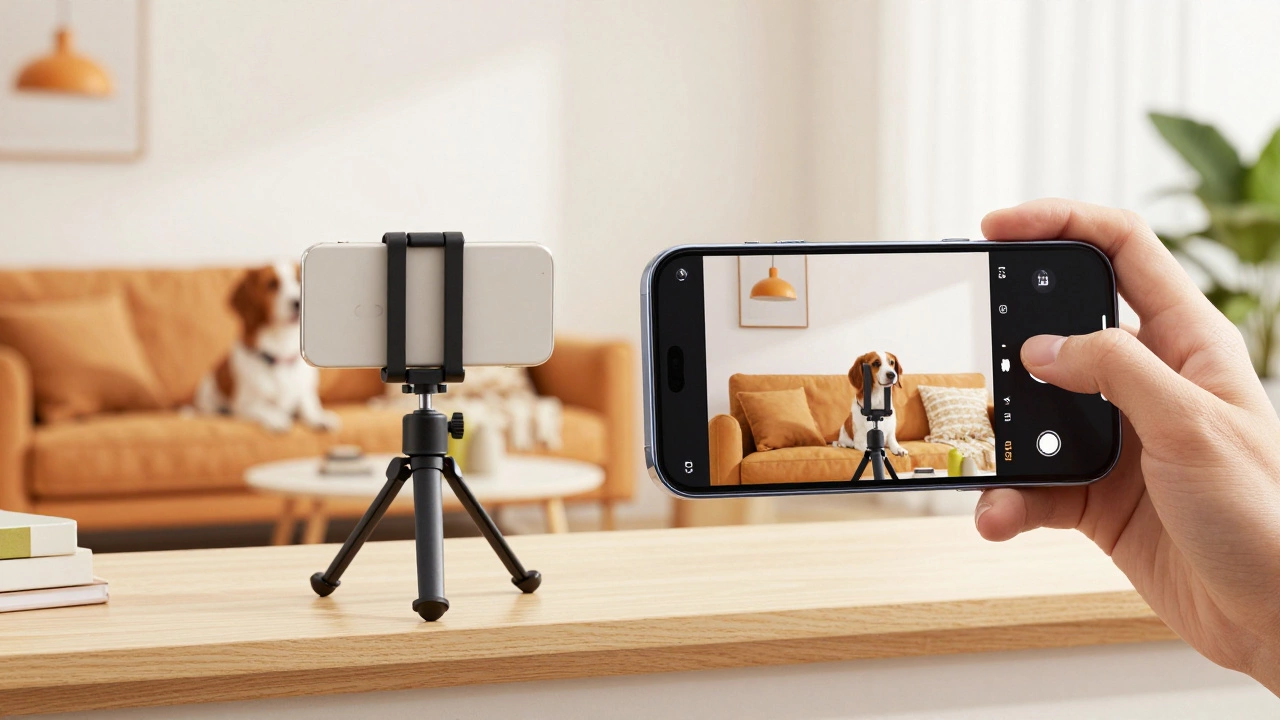 A modern phone showing a live security feed from an old phone monitoring a dog.