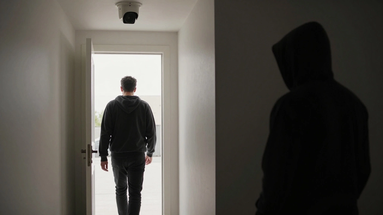 A person ignoring an unlocked door while a security camera fails to see a hidden intruder.