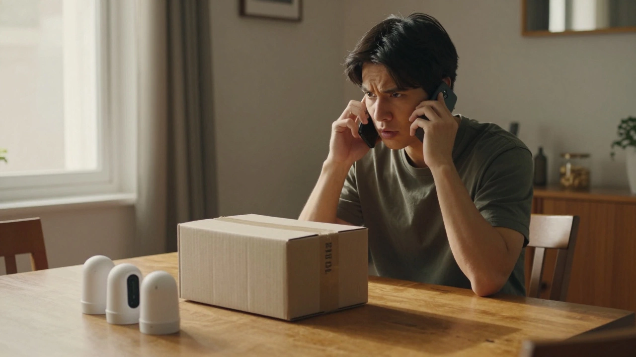 A person on the phone with security equipment and a return box on a table