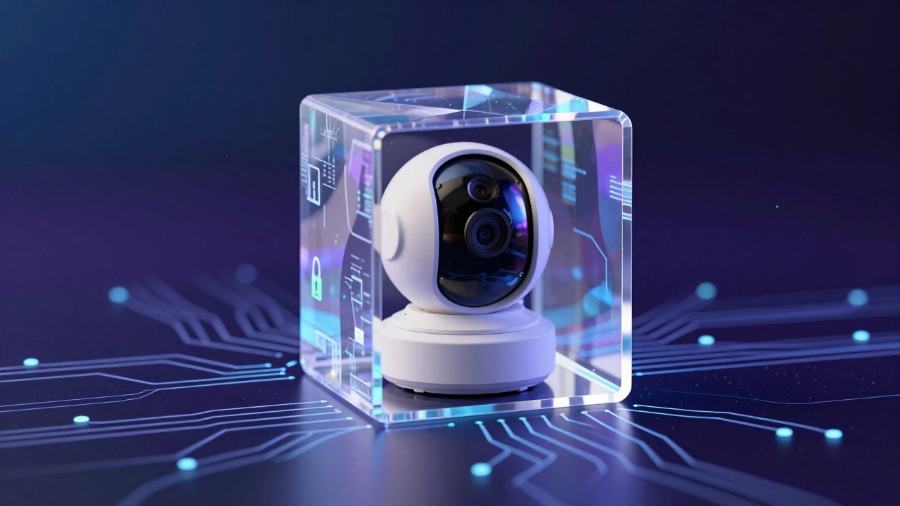 A security camera trapped inside a digital crystalline cube symbolizing a paywall.