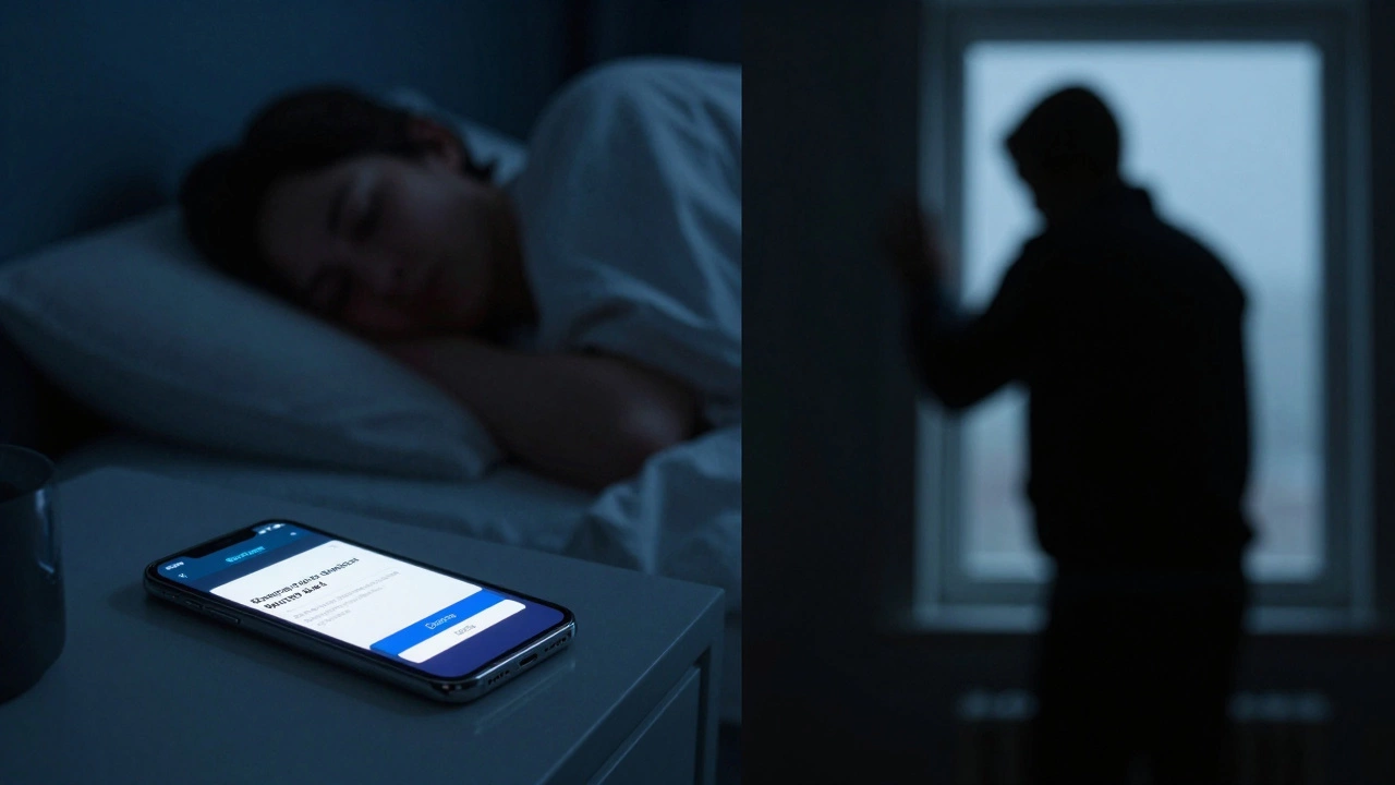 A sleeping person with a missed phone alert next to a silhouette of an intruder.