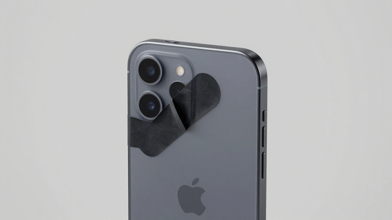 A smartphone with a small piece of black tape covering the front camera lens for privacy