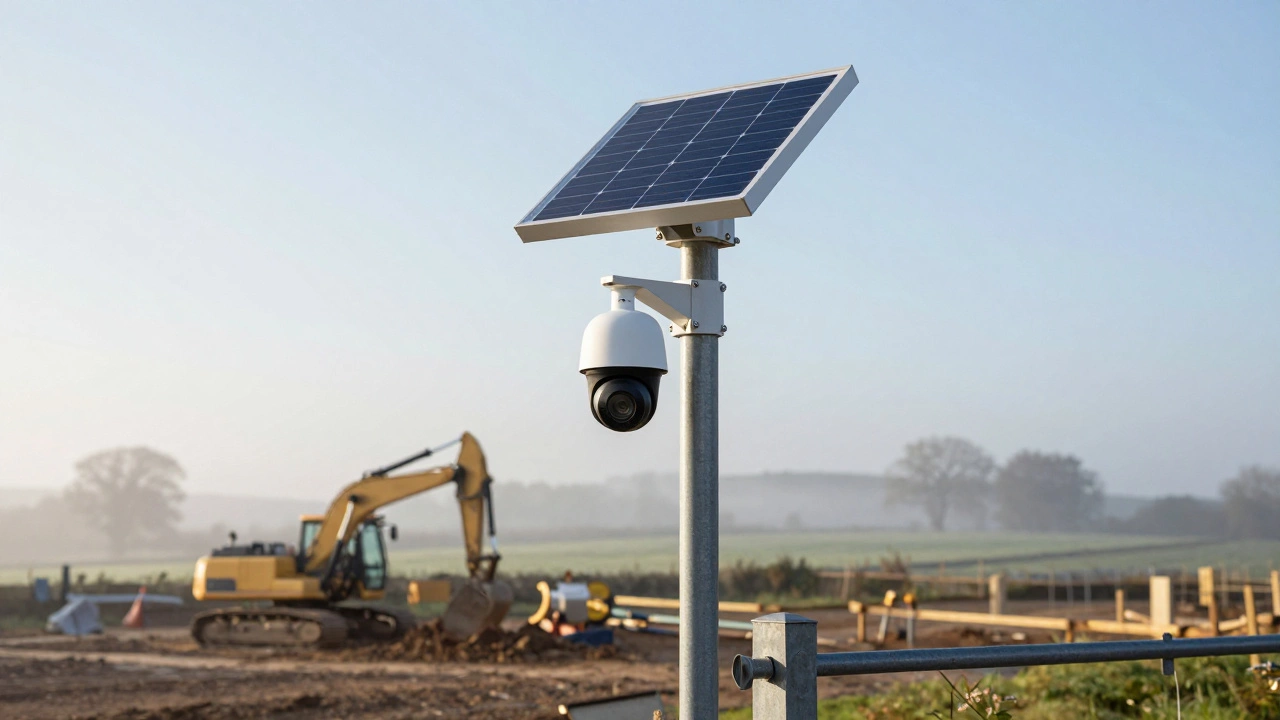 A solar-powered 4G LTE security camera mounted on a pole at a remote construction site.
