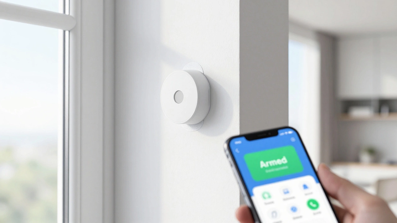 A wireless security sensor being attached to a wall in a modern apartment