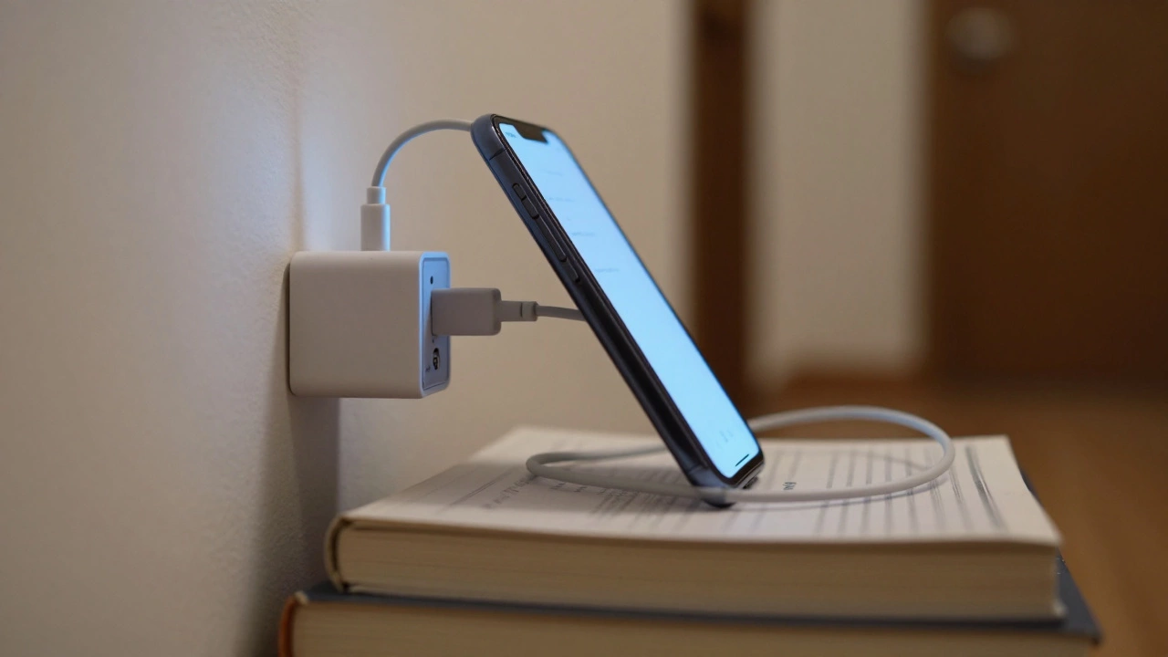 An old smartphone plugged into a wall charger and propped up on books as a camera.