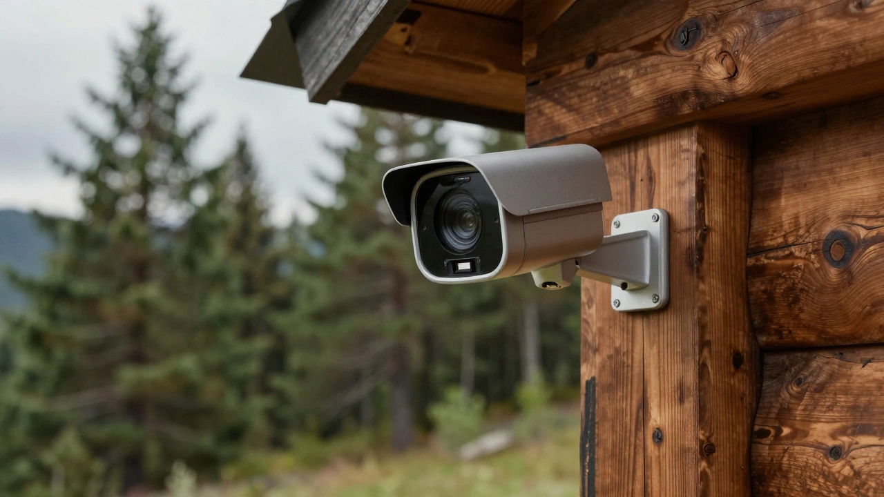 Close-up of a microSD card being inserted into a security camera on a wooden cabin beam.