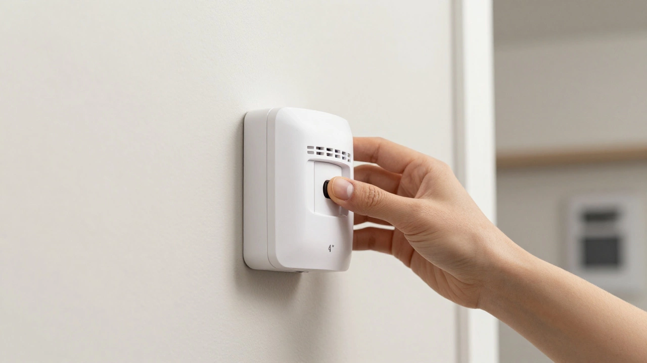 Close-up of a motion sensor being mounted upside down on a wall to avoid pet triggers