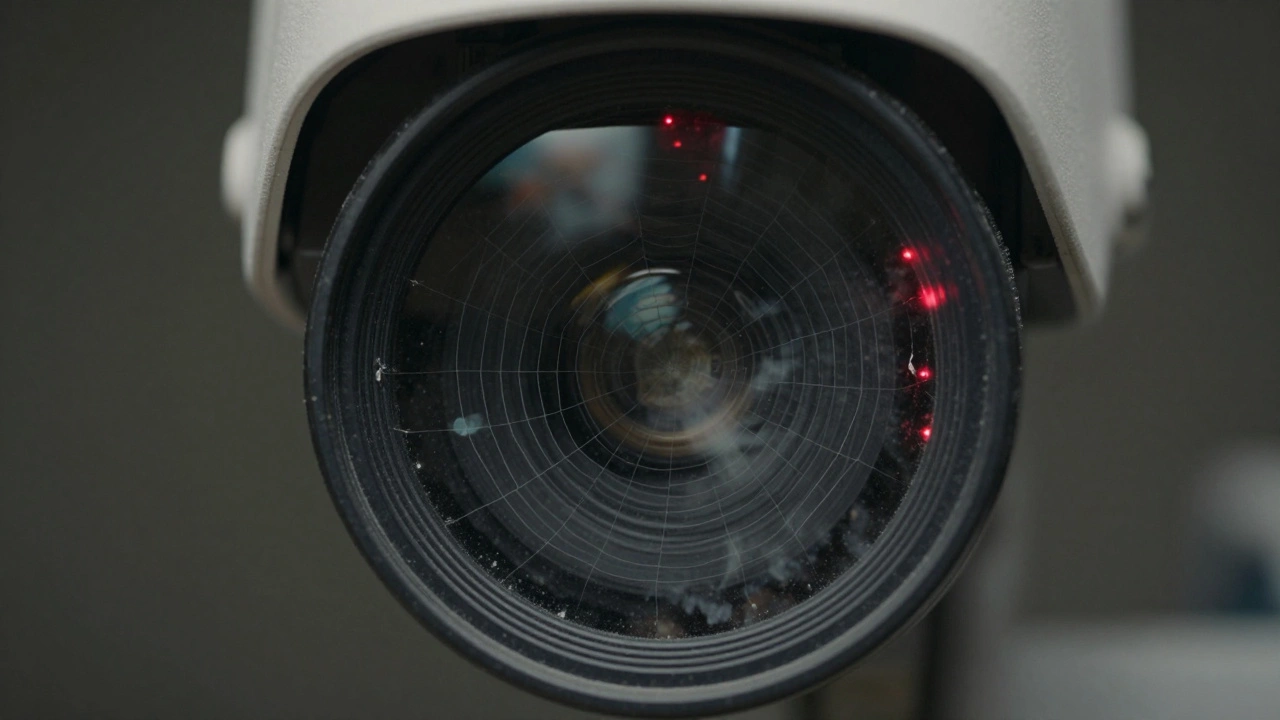 Close-up of a security camera lens with dust and a spider web causing a blurry image