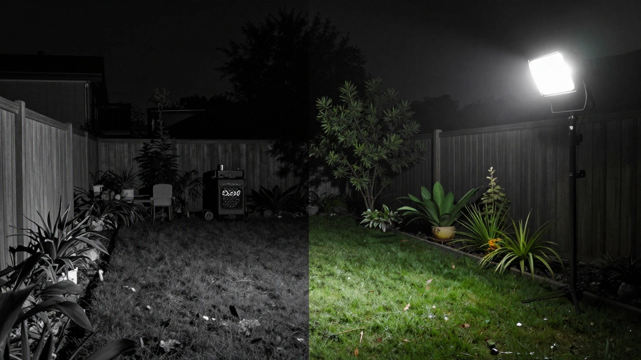 Comparison of a dark night vision view and a brightly lit backyard with a floodlight