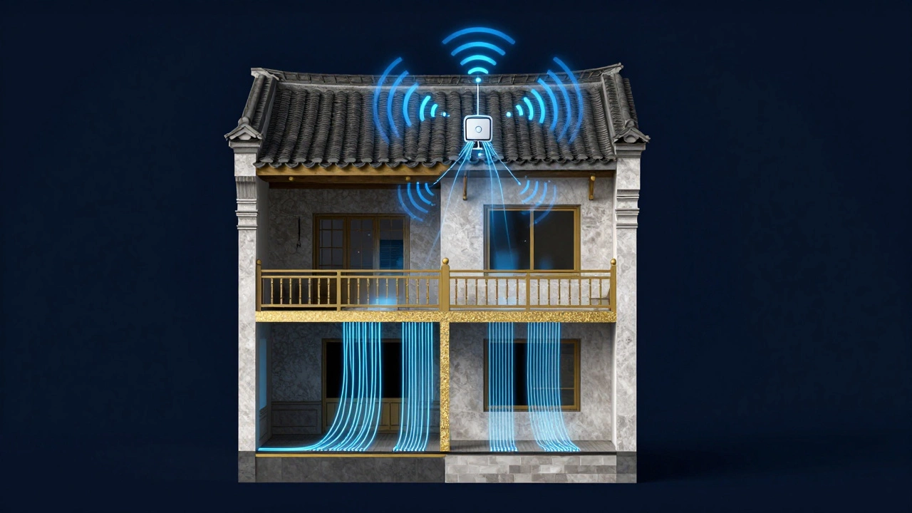 Conceptual diagram of a house showing both wired and wireless security connections