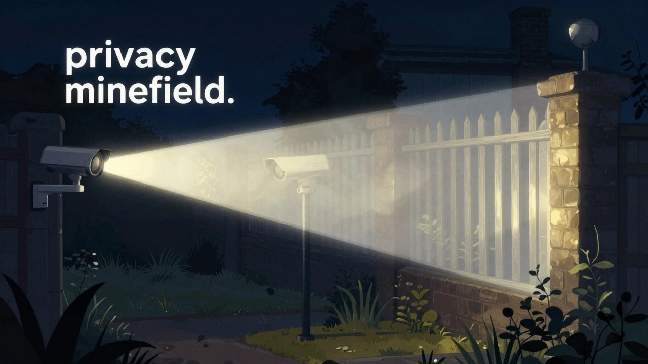 Conceptual image of a security camera's view extending into a neighbor's private garden.
