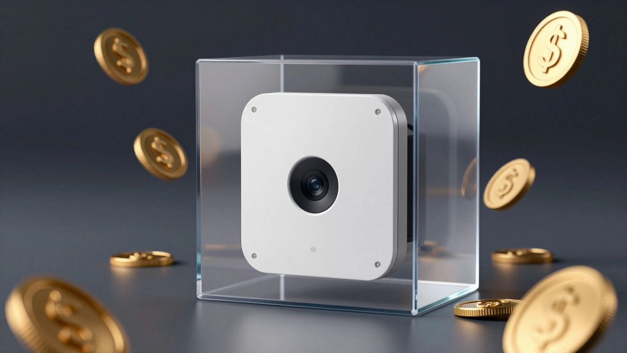 Conceptual image of a security panel inside a glass cube with floating coins