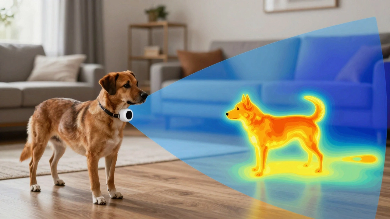 Conceptual thermal heat map showing a dog's signature and a sensor's detection zone