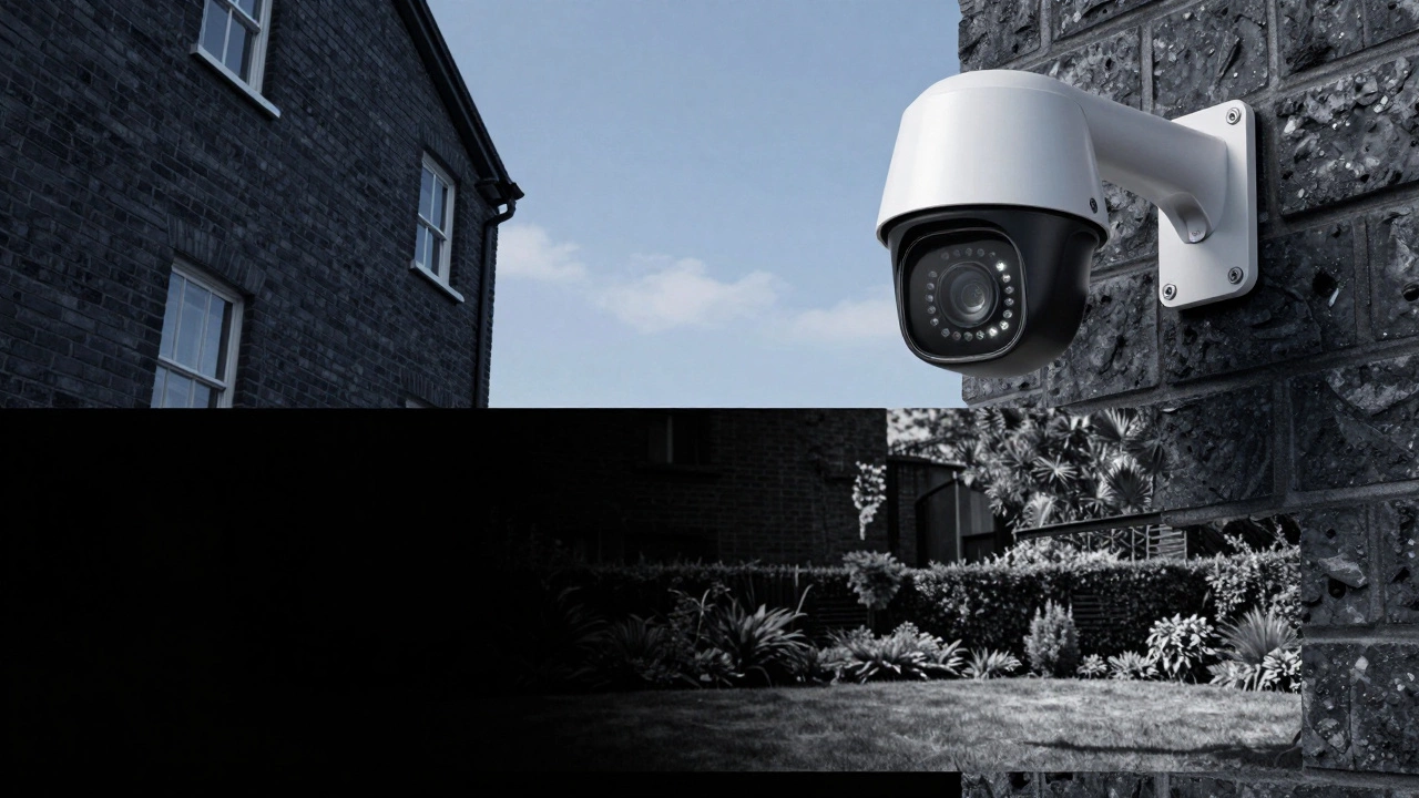 Dual-spectrum security camera mounted on a wall showing day and night vision capabilities.