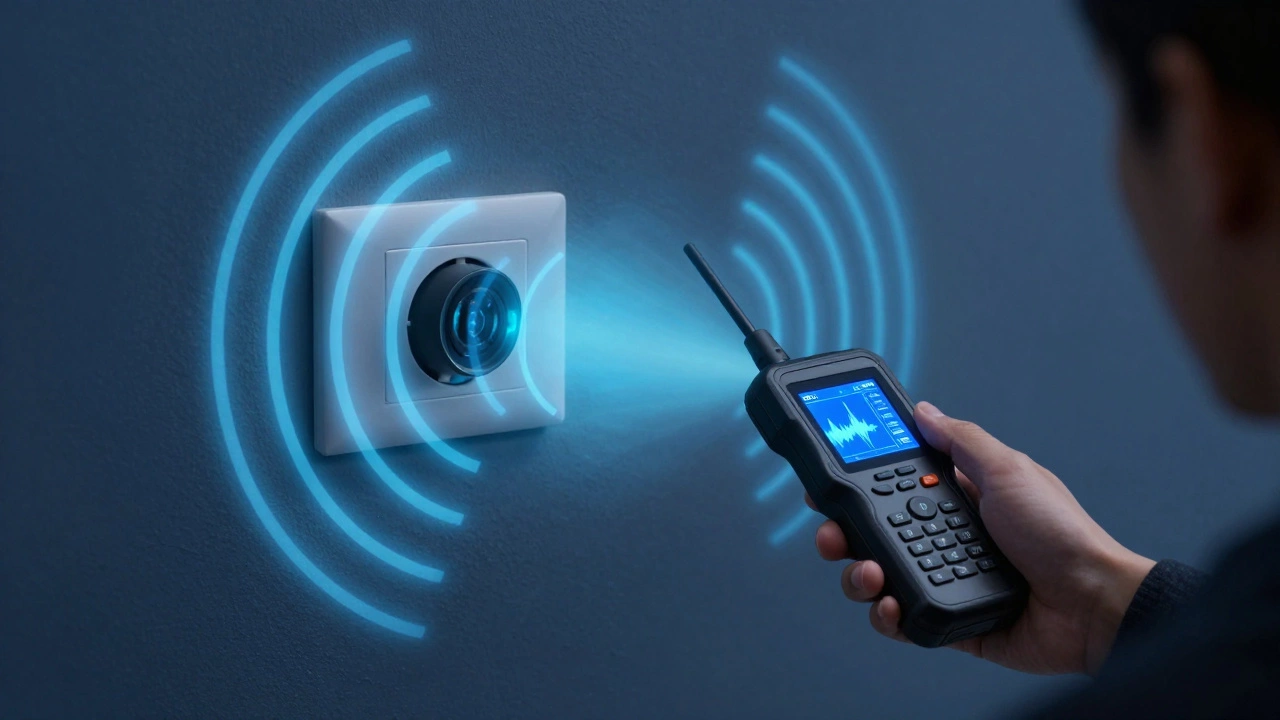Handheld RF detector identifying wireless signals from a hidden camera in a wall socket.