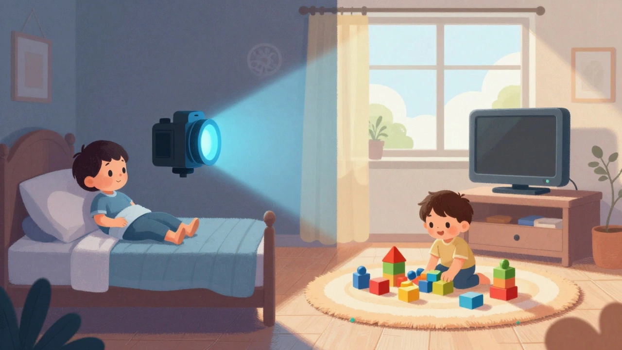 Illustration showing the transition from a monitored room to a child playing independently