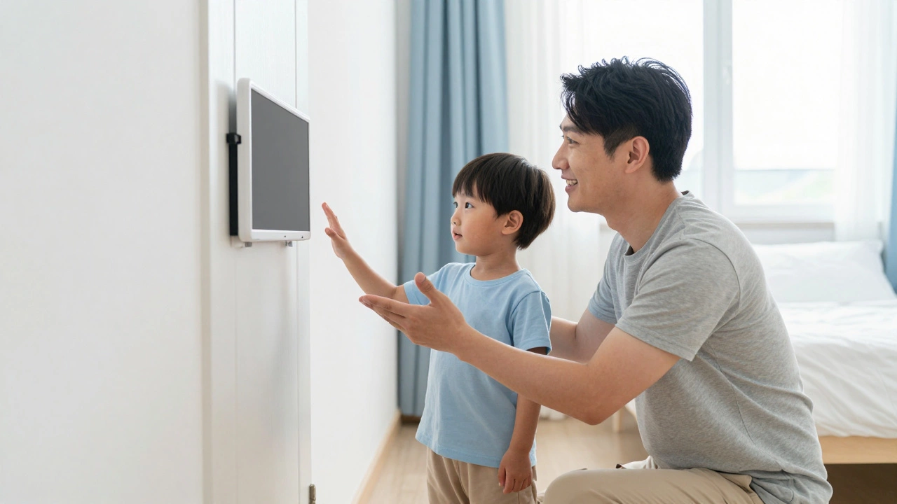 Parent talking to a young child in a bright bedroom about their independence