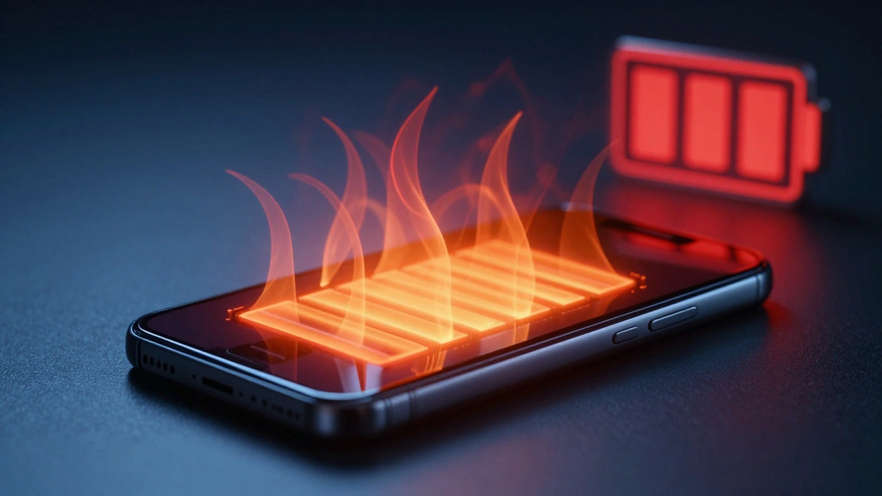 Smartphone on a table with red heat waves and a low battery symbol representing spyware activity
