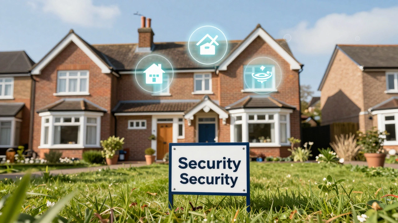 British home with security sign and floating benefit icons