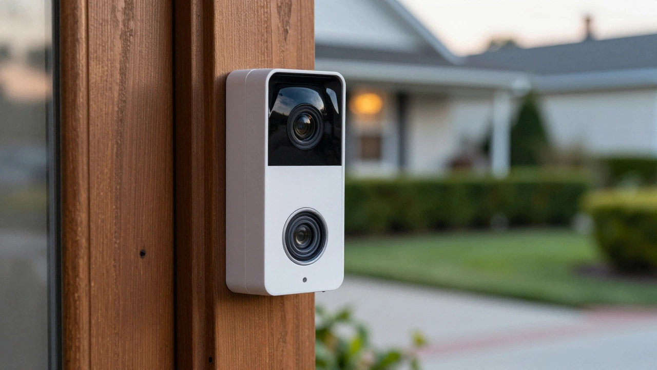 Close-up of a smart video doorbell on a residential front door.