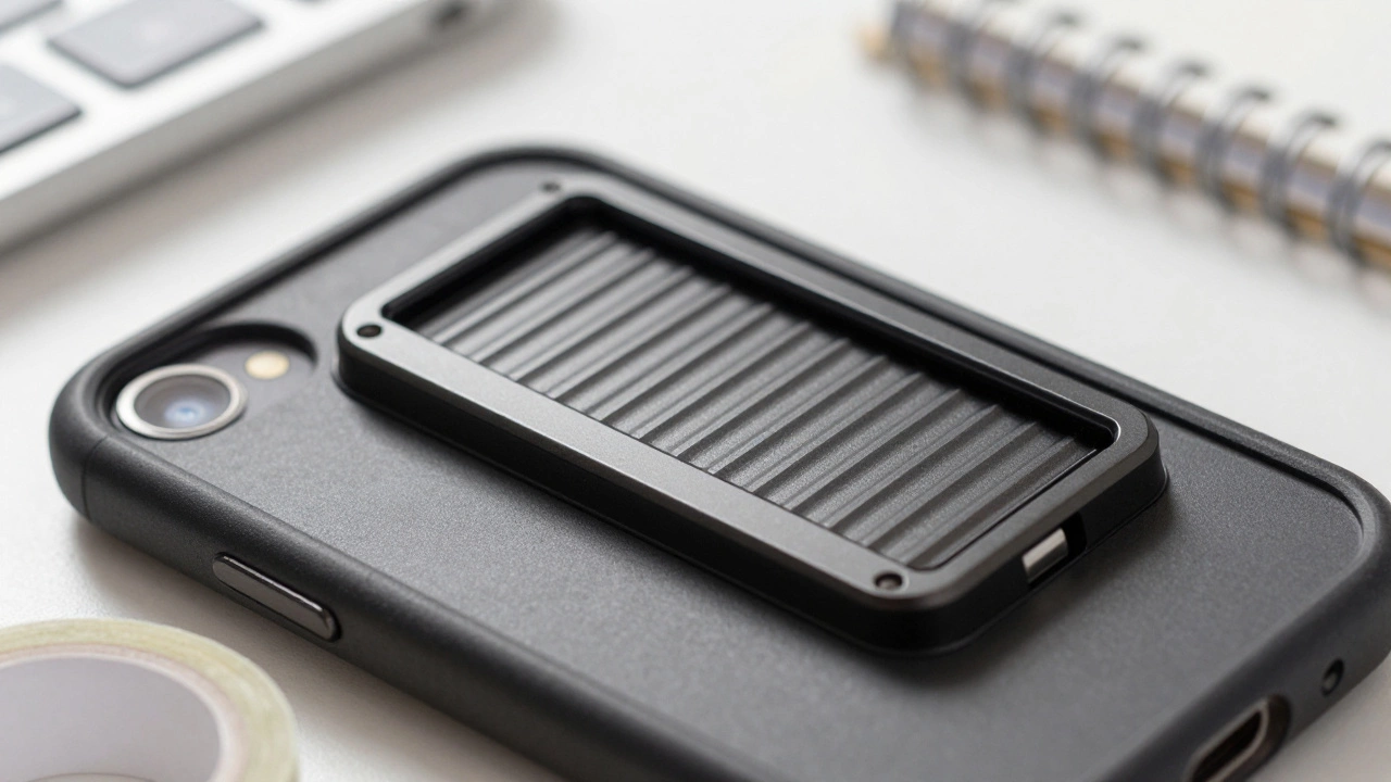 Close-up of phone case with physical camera shutter cover closed