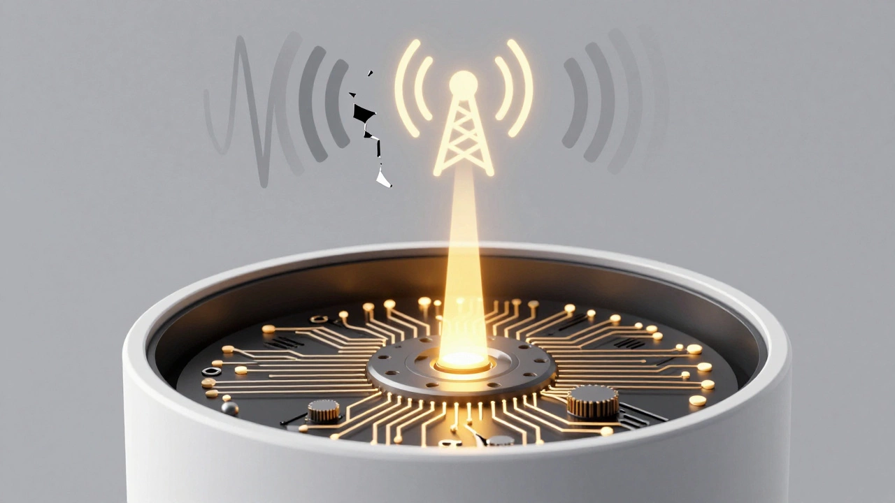 Cutaway of Ring Alarm Pro showing cellular backup signal bypassing broken Wi-Fi