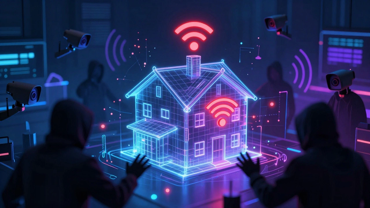 Cyberpunk illustration showing hackers intercepting wireless home security signals