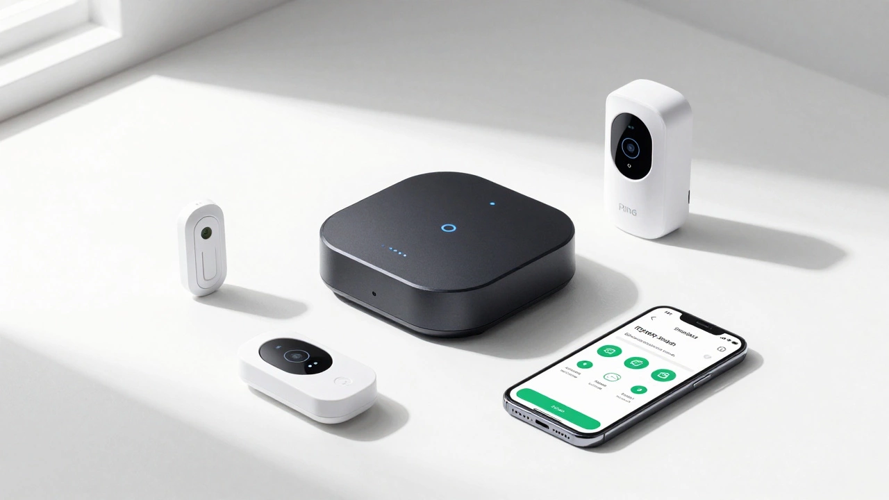 DIY wireless security hub and sensors on a white table