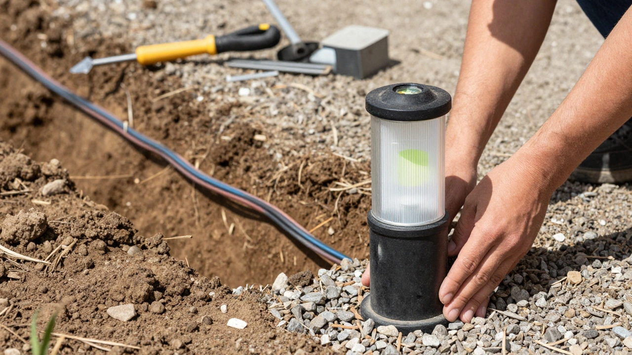 Hands installing a bollard light base in a garden path