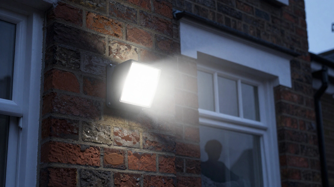 Harsh floodlight glare spilling into neighbor's window causing light pollution