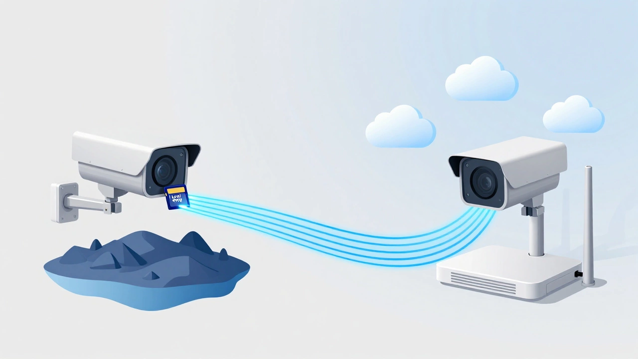 Illustration comparing local SD card storage versus cloud backup via router.