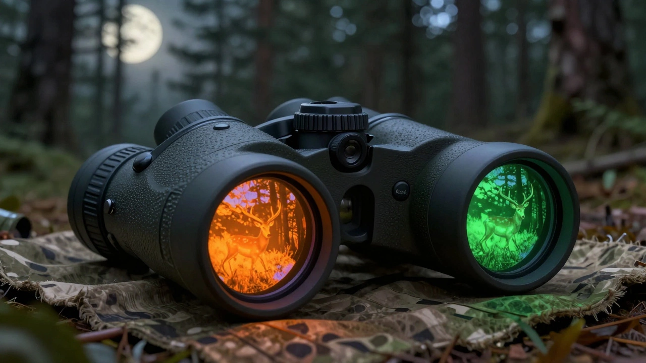 Multispectral binoculars showing thermal and digital views
