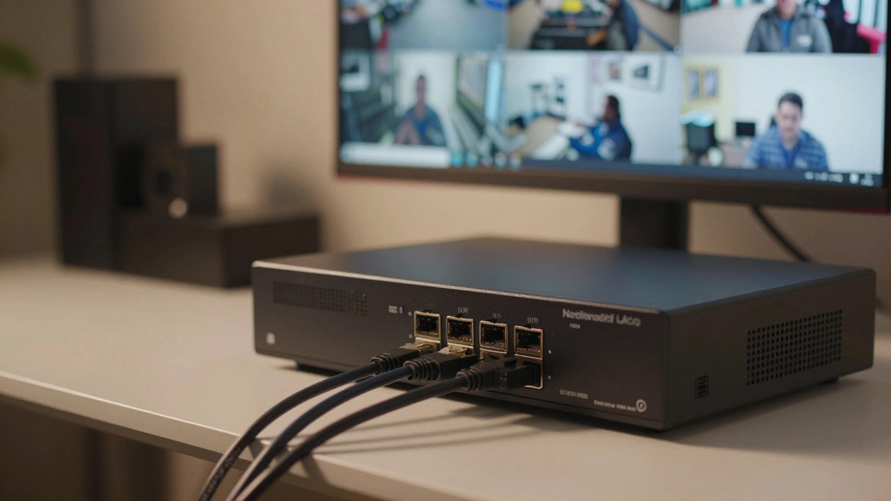 NVR system with Ethernet cables connected to a monitor displaying camera feeds.