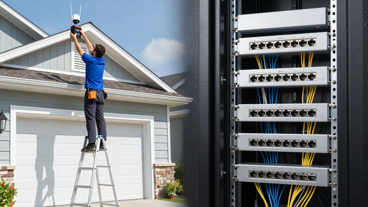 Person on ladder changing battery in outdoor wireless security camera