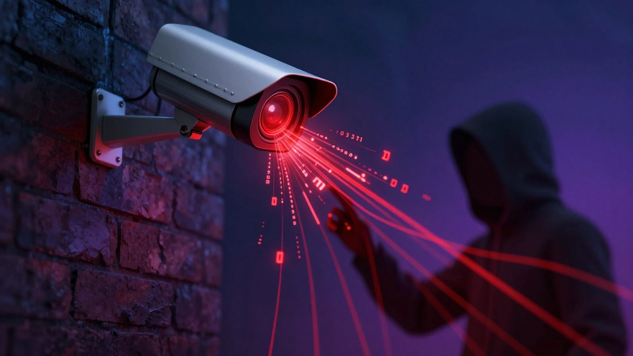 Security camera leaking red data streams symbolizing cybersecurity vulnerabilities