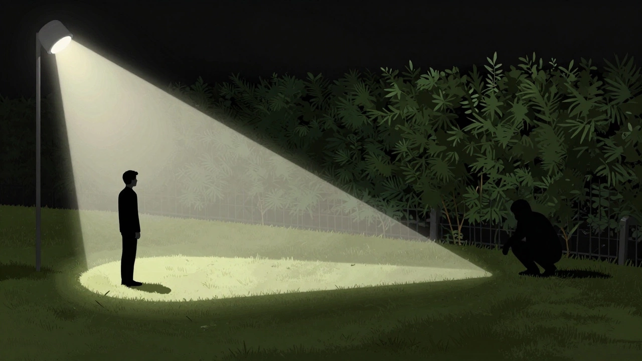 Shadowy figure hiding in blind spot behind hedge away from motion sensor light