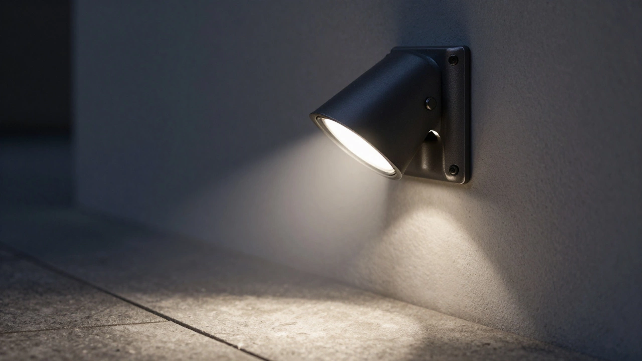 Shielded security light fixture mounted high on a wall